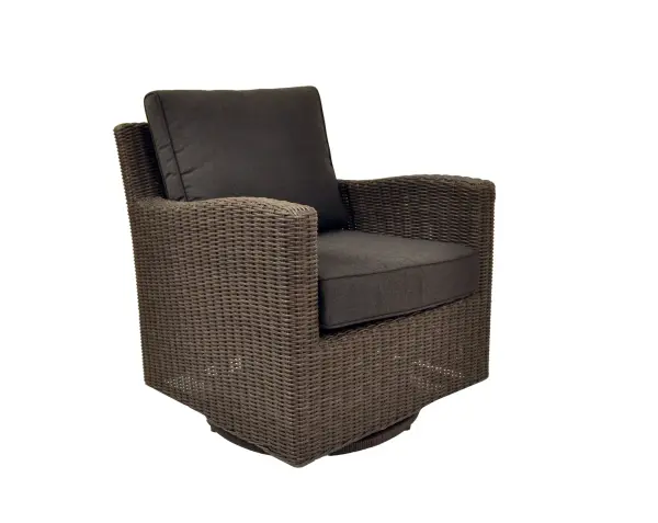 The Palma Wicker Swivel Glider combines three seating functions—rocking, swiveling, and gliding—in a handwoven weatherproof design. Built with reinforced aluminum frame and high-UV resistant wicker, it features thick Sunbrella cushions for lasting outdoor comfort.