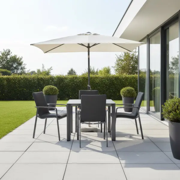 Entertain in effortless style with the DIAMOND 5-Piece Dining Set, where modern elegance meets outdoor comfort. Smoothly rounded frames and FSC®-certified teak armrests bring a refined, natural warmth to your space, while the powder-coated aluminum frames and Sunbrella® padded sling seating ensure lasting durability and luxurious comfort. Fade-resistant and low-maintenance, this set lets you enjoy sophisticated outdoor dining with ease and grace. Powder-coated aluminum frame for long-lasting durability FSC®-certified teak armrests add warmth and natural detail Sunbrella® quick-drying padded sling seat and back for outdoor comfort Weather- and fade-resistant materials designed for outdoor use Ergonomic dining-height design with supportive seating Stackable chairs for convenient storage and space efficiency High-pressure laminate 3-layer, one-piece table top resists scratching & chipping Tabletop features an umbrella hole Protective, replaceable table foot glides prevent marring on any surface and extend the life of the table Ideal for residential and commercial outdoor settings Chair Colors: Matte White Frame w/ Natte Linen Fabric or Anthracite Frame w/ Canvas Soot Fabric Table Colors: Matte White w/ Light Rock Top or Anthracite w/ Anthracite Top - alternate view
