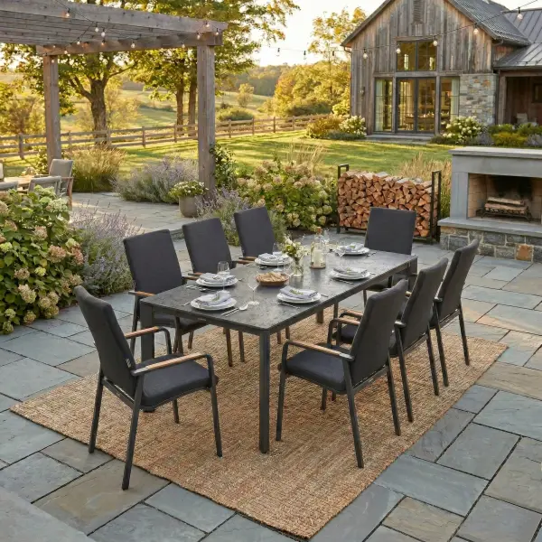 Entertain in effortless style with the DIAMOND 9-Piece High Back Dining Set. Smoothly rounded frames and FSC®-certified teak armrests bring a refined, natural warmth to your space, while the powder-coated aluminum frames and Sunbrella® padded sling seating ensure lasting durability and luxurious comfort. Fade-resistant and low-maintenance, this set lets you enjoy sophisticated outdoor dining with ease and grace. Powder-coated aluminum frame for long-lasting durability FSC®-certified teak armrests add warmth and natural detail Sunbrella® quick-drying padded sling seat and back for outdoor comfort Weather- and fade-resistant materials designed for outdoor use Ergonomic dining-height design with supportive seating Stackable chairs for convenient storage and space efficiency High-pressure laminate 3-layer, one-piece table top resists scratching & chipping Tabletop features an umbrella hole Protective, replaceable table foot glides prevent marring on any surface and extend the life of the table Ideal for residential and commercial outdoor settings Chair Color: Anthracite Frame w/ Canvas Soot Fabric Table Color: Anthracite w/ Anthracite Top Set Options: 9-Piece Mid-Back Chairs Dining Set Includes: (8) Mid-Back Dining Chairs ( 24”D x 23”W x 35”H) & (1) HPL Loft Table (87”D x 37”W x 29”H) 9-Piece High Back Chairs Dining Set Includes: (8) High Back Dining Chairs (24”D x 23”W x 39”H) & (1) HPL Loft Table (87”D x 37”W x 29”H) 9-Piece Mixed Chairs Dining Set Includes: (6) Mid-Back Dining Chairs (24”D x 23”W x 35”H), (2) High Back Dining Chairs (24”D x 23”W x 39”H) & (1) HPL Loft Table (87”D x 37”W x 29”H) - alternate view
