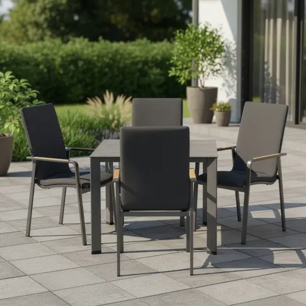 Entertain in effortless style with the DIAMOND 5-Piece High Back Dining Set, where modern elegance meets outdoor comfort. Smoothly rounded frames and FSC®-certified teak armrests bring a refined, natural warmth to your space, while the powder-coated aluminum frames and Sunbrella® padded sling seating ensure lasting durability and luxurious comfort. Fade-resistant and low-maintenance, this set lets you enjoy sophisticated outdoor dining with ease and grace. Powder-coated aluminum frame for long-lasting durability FSC®-certified teak armrests add warmth and natural detail Sunbrella® quick-drying padded sling seat and back for outdoor comfort Weather- and fade-resistant materials designed for outdoor use Ergonomic dining-height design with supportive seating Stackable chairs for convenient storage and space efficiency High-pressure laminate 3-layer, one-piece table top resists scratching & chipping Tabletop features an umbrella hole Protective, replaceable table foot glides prevent marring on any surface and extend the life of the table Ideal for residential and commercial outdoor settings Chair Colors: Matte White Frame w/ Natte Linen Fabric or Anthracite Frame w/ Canvas Soot Fabric Table Colors: Matte White w/ Light Rock Top or Anthracite w/ Anthracite Top - alternate view