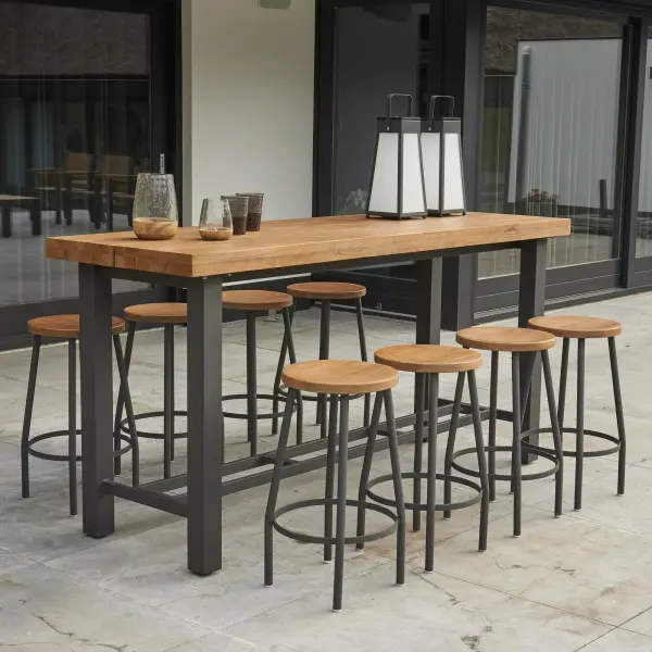 The Canada Bar Set combines powder-coated aluminum frames with Indonesian SVLK certified teak tops for a striking industrial aesthetic. Features 8 bar stools with concave seats and a spacious 83" bar table with integrated foot bars.