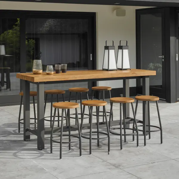 The Canada Bar Set combines powder-coated aluminum frames with Indonesian SVLK certified teak tops for a striking industrial aesthetic. Features 8 bar stools with concave seats and a spacious 83" bar table with integrated foot bars. - alternate view