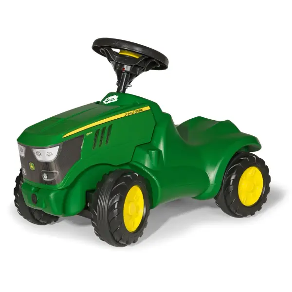 The John Deere Minitrac offers exceptional build quality with high-impact blow molded resin construction. Perfect for ages 18 months to 4 years, it features quiet-ride tires, working horn, and hidden storage under the hood.