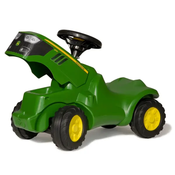 The John Deere Minitrac offers exceptional build quality with high-impact blow molded resin construction. Perfect for ages 18 months to 4 years, it features quiet-ride tires, working horn, and hidden storage under the hood. - alternate view