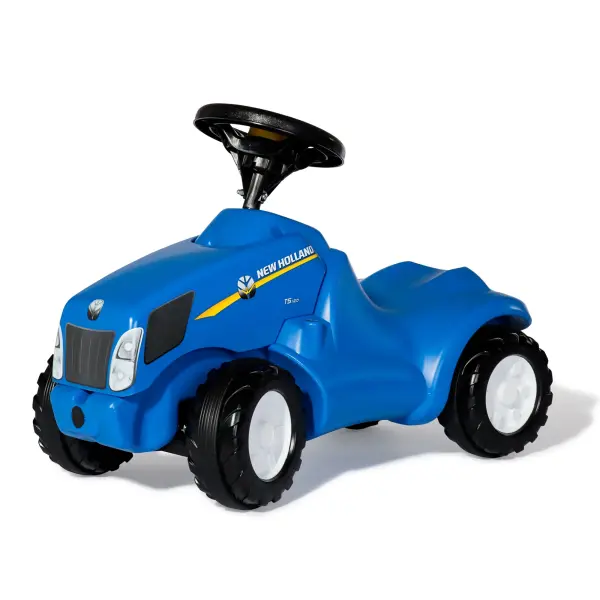 The New Holland Minitrac is a high-quality ride-on toy designed for children 18 months to 4 years. Features include a working squeaker horn, lifting hood with storage, comfortable knee indention, and quiet-ride tires.