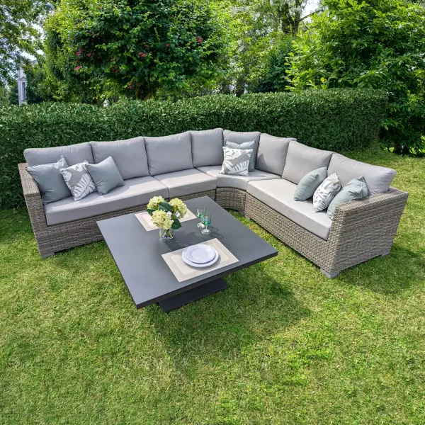 The Aya 5-piece corner set combines exceptional comfort with remarkable versatility. Hand-woven all-weather wicker over aluminum frames creates a durable, stylish outdoor living space. The adjustable-height table transforms from coffee to dining height.