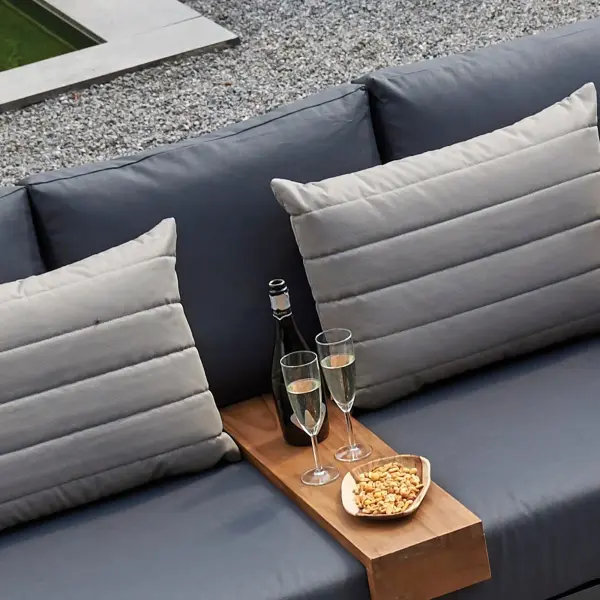 The Rimo Teak Serving Tray combines Indonesian SVLK-certified teak construction with functional design, perfect for outdoor lounging. Its solid teak build offers both elegance and durability for patio entertaining. - alternate view