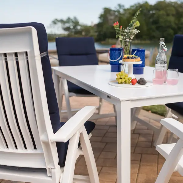 Premium 7-piece resin dining set featuring German craftsmanship with rust-proof, rot-resistant construction. Includes 4-position reclining chairs with Sunbrella cushions and scratch-resistant KETTALUX Plus table top. - alternate view