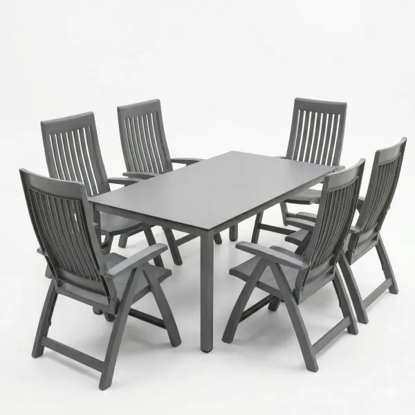 Bring effortless style and durability to your outdoor space with the Roma 7-Piece Resin Dining Set in Anthracite —perfect for everything from sunny poolside lunches to breezy coastal evenings. Built to withstand the elements, this all-weather set won’t rust or rot and is incredibly easy to clean, so you can focus on enjoying every moment. The reclining, contoured chairs offer personalized comfort and fold easily for convenient storage, while smart details like drain holes and replaceable foot glides ensure long-lasting performance. Anchoring it all is a sleek, scratch- and stain-resistant KETTALUX® Plus tabletop on a lightweight aluminum frame, delivering dependable style that’s ready whenever you are. CHAIRS: Contoured seat and 4-position reclining high seat back for optimal comfort Easy-glide armrests Convenient drain holes allow superior drainage Replaceable foot glide inserts prolong chair life Fully assembled Made in Germany TABLE: Proprietary KETTALUX® Plus one-piece polymer table top resists scratching & chipping and is stain resistant Lightweight aluminum frame Integrated floor levelers Measurements: 63" x 37" x 29" Made in Germany - alternate view