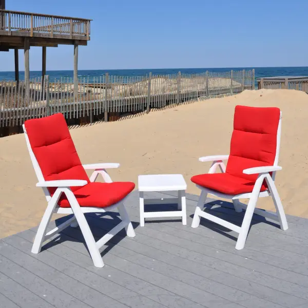 This 3-piece outdoor lounge set combines German engineering with 100% recycled resin construction. Features multi-position reclining chairs, UV-resistant finish, and fade-resistant Sunbrella cushions. Perfect for poolside or coastal environments.