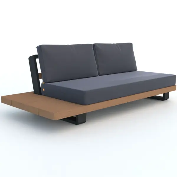 The Fitz Roy combines Indonesian certified teak with powder-coated aluminum for a sophisticated outdoor statement piece. Features deep seating, quick-drying Textilene sling, Sunbrella cushions, and an integrated side table.