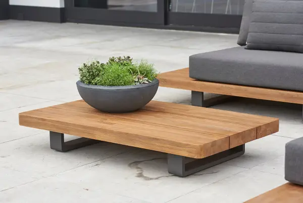 The Fitz Roy combines SVLK-certified Indonesian teak with a lightweight lava aluminum frame for a sophisticated outdoor coffee table. Full-circumference welded construction and integrated levelers ensure stability and longevity. - alternate view