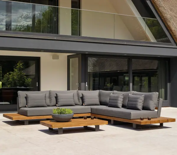 The Fitz Roy combines Indonesian SVLK certified teak with durable aluminum framing and all-weather Sunbrella cushions. Modular design seats up to 6 comfortably with integrated side tables and quick-drying textilene inlays.