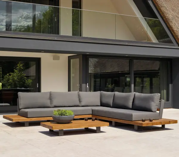 The Fitz Roy combines Indonesian SVLK certified teak with durable aluminum framing and all-weather Sunbrella cushions. Modular design seats up to 6 comfortably with integrated side tables and quick-drying textilene inlays. - alternate view