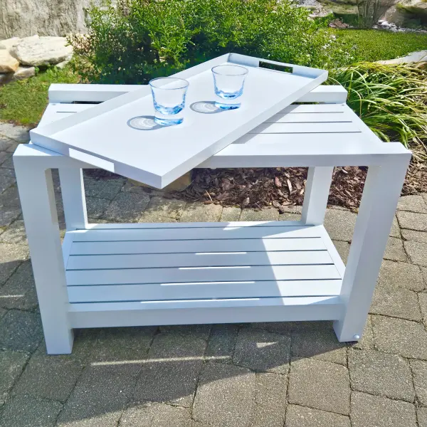 This aluminum serving trolley combines functionality with contemporary style for outdoor entertaining. Features a removable serving tray, hidden wheels for easy mobility, and durable powder-coated construction. - alternate view