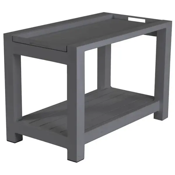 This lightweight aluminum serving trolley combines modern design with practical functionality. Features a removable serving tray, hidden transport wheels, and durable all-weather construction perfect for outdoor entertaining.