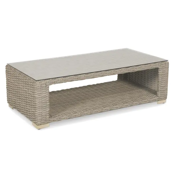 The Palma Luxe Coffee Table combines sophisticated coastal style with exceptional durability. Features intricately handwoven synthetic wicker, rust-proof aluminum frame, and beautiful teak feet with levelers.