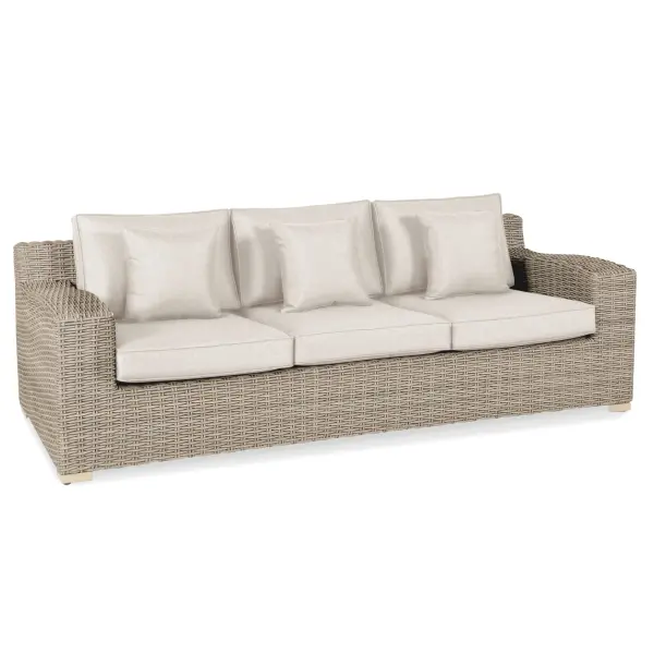 The Palma Luxe Sofa combines sophisticated design with exceptional durability. Hand-woven synthetic wicker over a rust-proof aluminum frame delivers lasting beauty, while Sunbrella cushions ensure weather resistance.
