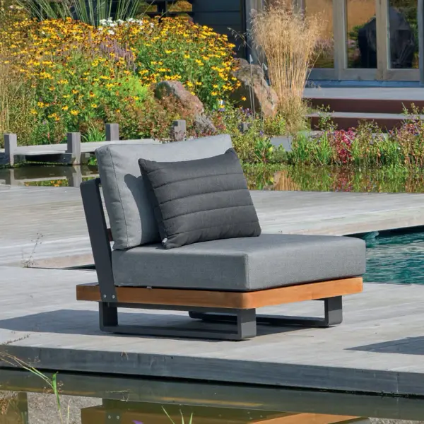 The Fitz Roy combines Indonesian-certified grade A teak with a lightweight aluminum frame for exceptional outdoor durability. Features quick-drying Textilene sling, Sunbrella cushions, and modular design for versatile patio arrangements. - alternate view