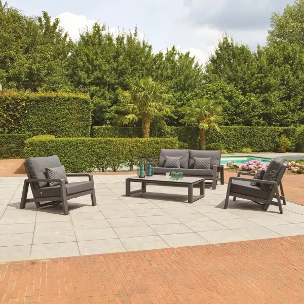 The Boston Select transforms outdoor living with hydraulic reclining on both loveseat and chairs. Powder-coated aluminum construction with stainless steel hardware ensures durability, while independent reclining controls offer personalized comfort.