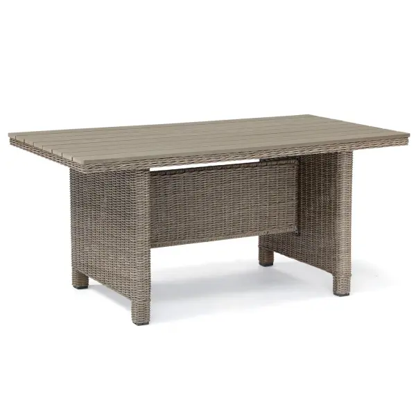 The Palma Casual Dining Table combines powder-coated aluminum construction with handwoven weatherproof rattan wicker for a sophisticated outdoor dining solution. Features replaceable dark oak resin slats and integrated foot levelers.