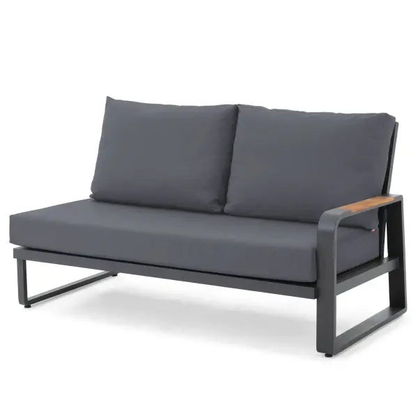 The Montana Left Sofa combines sustainable Brazilian teak with powder-coated aluminum for a sophisticated outdoor seating solution. Features quick-drying Textilene sling, Sunbrella cushions, and integrated levelers.