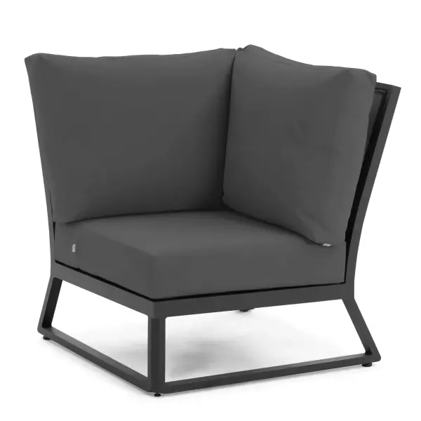 The Montana Corner Chair combines sustainable Brazilian teak with powder-coated aluminum for a sophisticated outdoor seating solution. Features quick-drying Textilene sling, Sunbrella cushions, and integrated levelers.