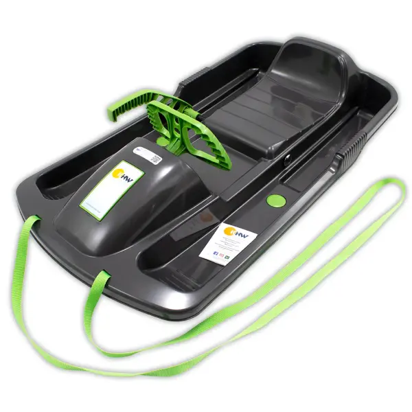 High-quality children's sled featuring molded two-ski steering system, metal brakes with clamps, and cold-resistant resin construction. Ergonomic design with footrests and tow handle. Made in Germany for ages 3+.