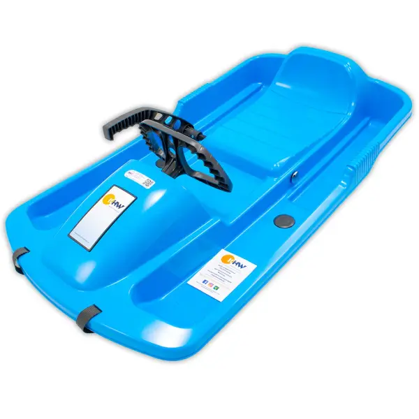 High-quality children's sled featuring molded two-ski steering system, metal brakes with clamps, and cold-resistant resin construction. Ergonomic design with footrests and tow handle. Made in Germany for ages 3+. - alternate view