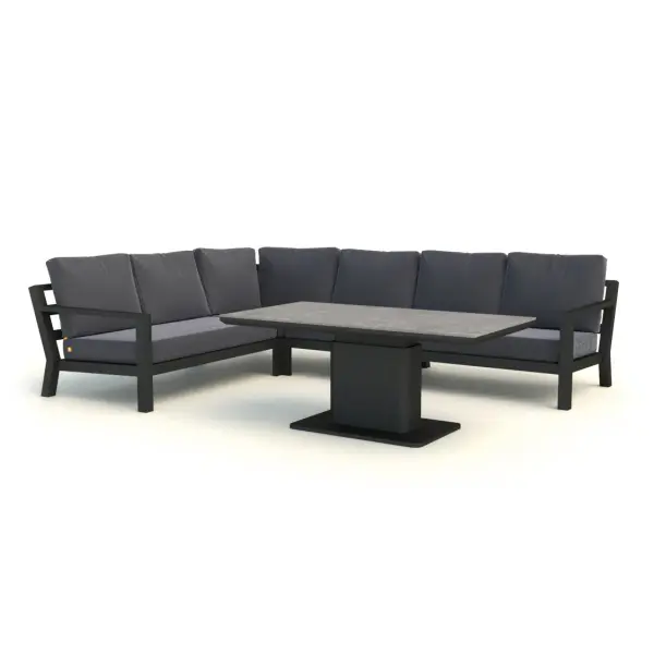 Premium aluminum conversation set with weather-resistant Sunbrella cushions and innovative height-adjustable ceramic table. Perfect for entertaining with modular corner design and quick-drying Textilene sling construction. - alternate view