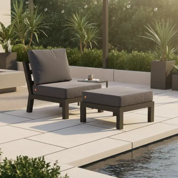 The Timber Armless Chair combines contemporary styling with commercial-grade durability. Featuring powder-coated aluminum construction, quick-drying Textilene sling, and Sunbrella cushions for superior outdoor performance. - alternate view