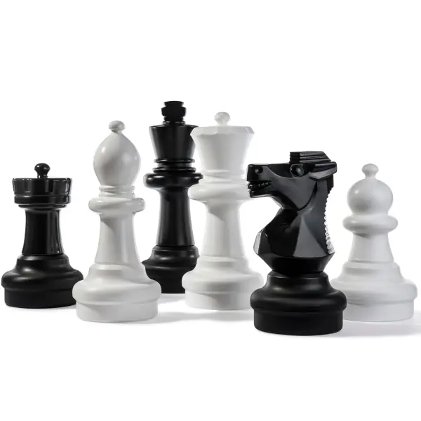 This German-made giant chess set features 32 durable polyethylene resin pieces ranging from 19" to 25" tall. Lightweight hollow construction allows easy transport, while ballast capability adds stability for outdoor play.