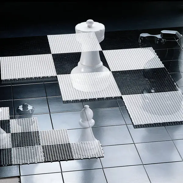 This 10'x10' game board transforms any space into an interactive play area. Featuring 64 durable polyethylene tiles in classic black and white, it offers easy snap-together assembly for quick setup and storage. - alternate view