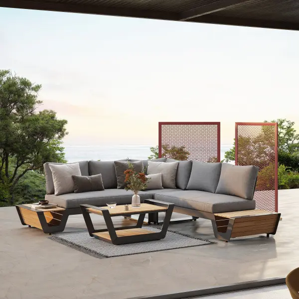 The V-Style 4-Piece Corner Set combines commercial-grade durability with residential comfort. Features modular aluminum construction, Grade A teak tables with hidden storage, and fade-resistant cushions in two color options. - alternate view