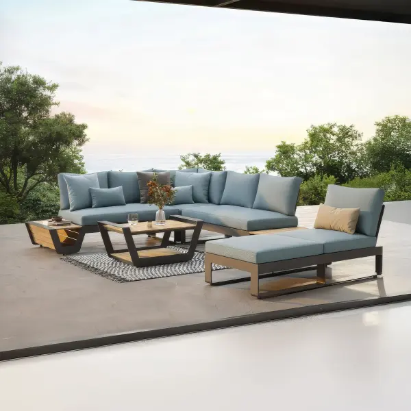 The V-Style 6-Piece Corner Set transforms outdoor spaces with its sophisticated blend of charcoal aluminum and Grade A teak. Modular design offers flexible configurations while hidden storage keeps cushions organized. - alternate view