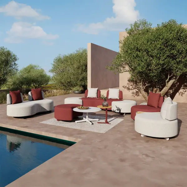 The Moon Outdoor Patio Collection blends modern elegance with inviting comfort, featuring soft, rounded silhouettes and plush seating that elevate any outdoor setting. Crafted with premium materials and a refined finish, each piece offers a sophisticated look designed to last season after season. The collection’s modular design allows you to create a layout that fits your space perfectly, whether you’re entertaining or relaxing. Subtle, high-end details like natural teak accents and sleek tabletop surfaces add depth and visual interest. Available in warm, versatile color options, the Moon Collection brings effortless style and comfort to outdoor living. Double-coated world-class Tiger powder-coated aluminum frames 100% solution-dyed acrylic fabrics with a 2000 hour UV lightfast rating Water, mold, oil, and stain resistant fabric Fully upholstered with high-resilience plush foam Grade-A Teak top on side tables offers natural durability and a refined outdoor finish Coffee table comes with an upscale white marbleized sintered stone tabletop that is non-porous and stain-resistant Modular design allows for a variety of configurations to fit your space Aluminum Frame color: White or Burnt Sienna Fabric color: Ivory White or Terracotta