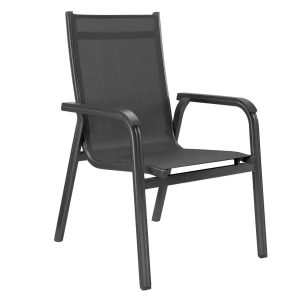 The Basic Plus Stackable Arm Chair combines lightweight aluminum construction with weather-resistant Textilene sling seating. Stackable design and ergonomic comfort make it ideal for patios and commercial outdoor spaces.