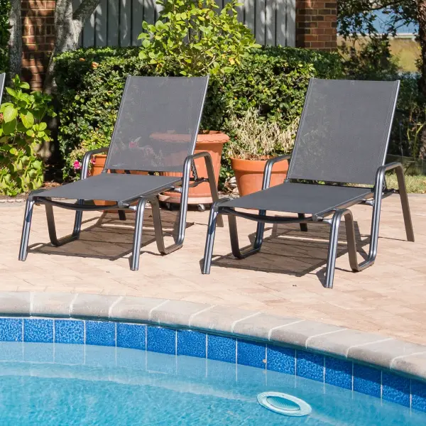 The Basic Plus Stackable Lounger combines lightweight aluminum construction with premium Textilene sling fabric for comfortable, cushion-free outdoor relaxation. Features 4-position reclining and stackable design for easy storage. - alternate view