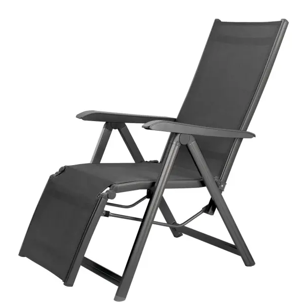 The Basic Plus Relaxer combines lightweight aluminum construction with premium Textilene sling fabric for comfortable outdoor lounging. Features 4-position reclining back and leg rest, folds for compact storage.