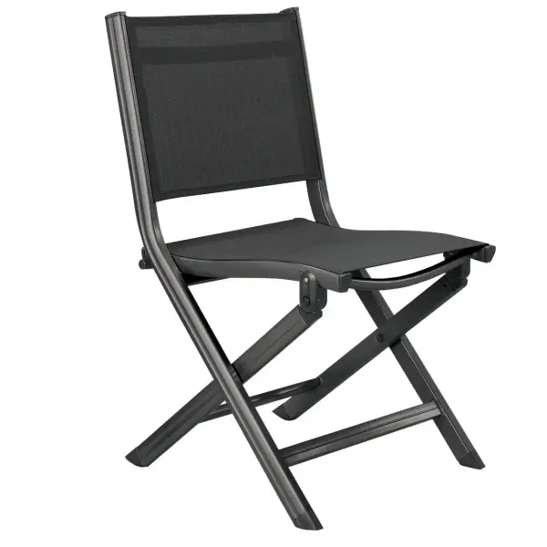 The Basic Plus Folding Side Chair combines durable aluminum construction with quick-drying Textilene sling fabric for comfortable, weather-resistant outdoor seating that folds compactly for easy storage.