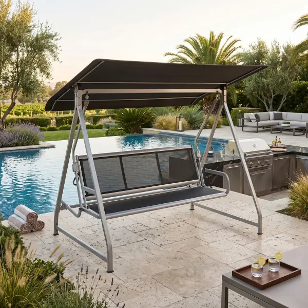 Relax, recline, and enjoy the outdoors your way with the Paradiso 3-Seater Reclining Swing/Daybed. Designed for versatile comfort, the adjustable backrest easily converts the swing into a spacious daybed—perfect for lounging, reading, or afternoon naps. A wide, all-weather canopy provides cooling shade and protection from unexpected showers, so you can stay comfortable in changing conditions. Crafted with a durable aluminum and steel frame and breathable outdoor fabric, Paradiso delivers long-lasting style, weather resistance, and exceptional outdoor comfort. FEATURES: Elegant, Robust frame made of aluminum and steel Weatherproof, color-fast, breathable, and durable, mold-resistant, and high UV resistance Backrest easily reclines, converting swing into a daybed High-quality workmanship and materials ensure a long service life All-weather textilene canopy included Color: Silver frame /Anthracite sling Assembly Required