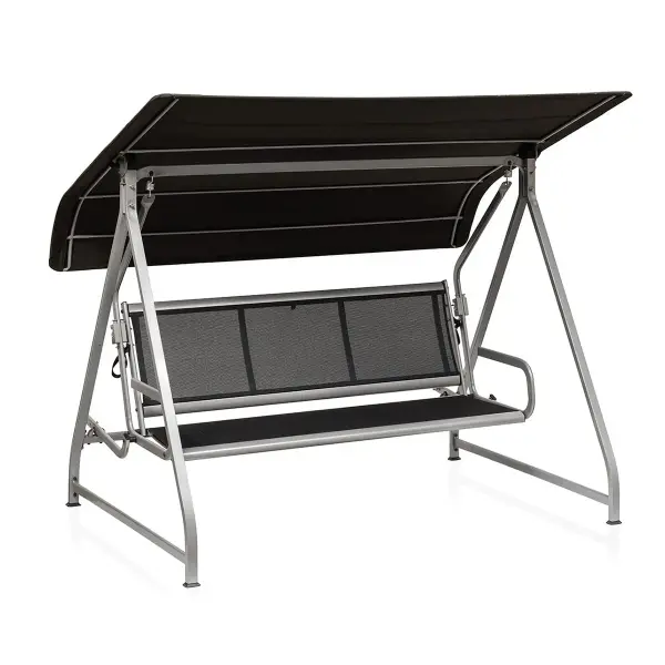 Relax, recline, and enjoy the outdoors your way with the Paradiso 3-Seater Reclining Swing/Daybed. Designed for versatile comfort, the adjustable backrest easily converts the swing into a spacious daybed—perfect for lounging, reading, or afternoon naps. A wide, all-weather canopy provides cooling shade and protection from unexpected showers, so you can stay comfortable in changing conditions. Crafted with a durable aluminum and steel frame and breathable outdoor fabric, Paradiso delivers long-lasting style, weather resistance, and exceptional outdoor comfort. FEATURES: Elegant, Robust frame made of aluminum and steel Weatherproof, color-fast, breathable, and durable, mold-resistant, and high UV resistance Backrest easily reclines, converting swing into a daybed High-quality workmanship and materials ensure a long service life All-weather textilene canopy included Color: Silver frame /Anthracite sling Assembly Required - alternate view