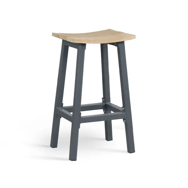The Elba bar stool combines lightweight charcoal aluminum with FSC-certified teak for a modern rustic aesthetic. Features contoured saddle seat for comfort, reinforced frame construction, and weather-resistant materials ideal for outdoor entertaining.