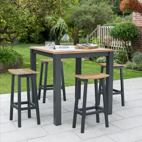 The Elba Bar Set combines FSC-certified teak accents with weatherproof aluminum construction for year-round outdoor entertaining. Features contoured saddle seats, umbrella hole, and space-saving backless design.