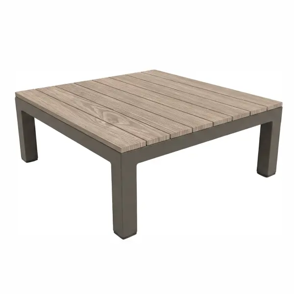The Elba Comfort Coffee Table combines durability with style, featuring rustproof aluminum construction and a beautiful wood-grain finish. Perfect for outdoor entertaining with thoughtful details like levelers and replaceable foot caps.