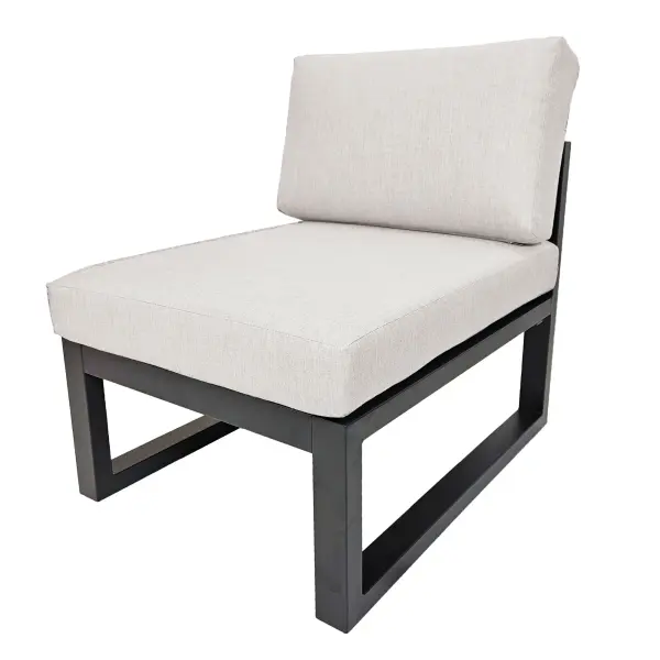 The Elba Comfort Armless Chair combines durability with flexibility, featuring powder-coated aluminum construction and weather-resistant Sunbrella cushions. Perfect as a sectional extension or standalone piece.