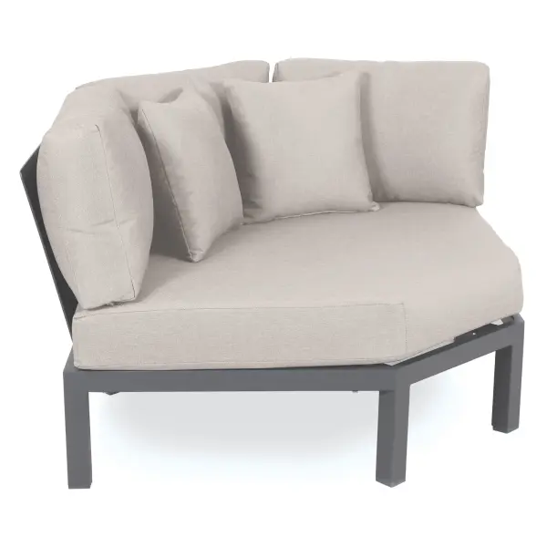 The Elba Comfort 45° Corner Chair offers generous lounging space with weather-resistant construction. Powder-coated aluminum frame with Sunbrella cushions provides durability and style for patios and outdoor spaces.