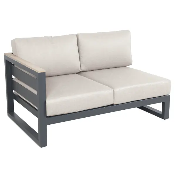 The Elba Comfort Left Open Loveseat combines aluminum durability with wood-grain aesthetics. Features powder-coated frames, Sunbrella fabric cushions, and modular design for flexible patio arrangements.
