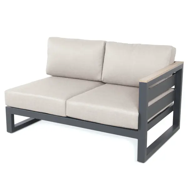 Mix and match the Elba Comfort Collection pieces to create the perfect combination for your patio space. All aluminum powder-coated frames with stainless steel hardware Solid FSC certified Teak armrests add both elegance and style 100% Acrylic (Sunbrella) cushion fabric for optimal weather resistance and color fastness Durable, all-weather frame and fabric construction Integrated floor levelers to counteract unlevel surfaces Replaceable foot caps prolong the life of the products Cushion Color: Cast Silver Frame Color: Charcoal