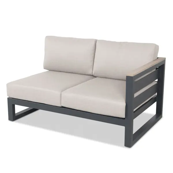 The Elba Comfort Right Open Loveseat combines aluminum durability with wood-grain aesthetics. Features Sunbrella fabric cushions, stainless steel hardware, and integrated floor levelers for stability on any surface.